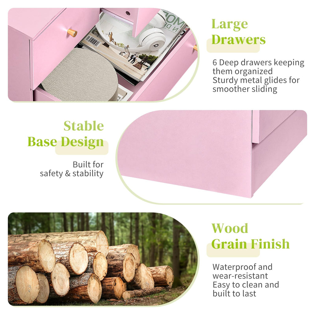 Pink 6 Drawer Dresser, Rose Gold Handle Modern Bedroom Chest