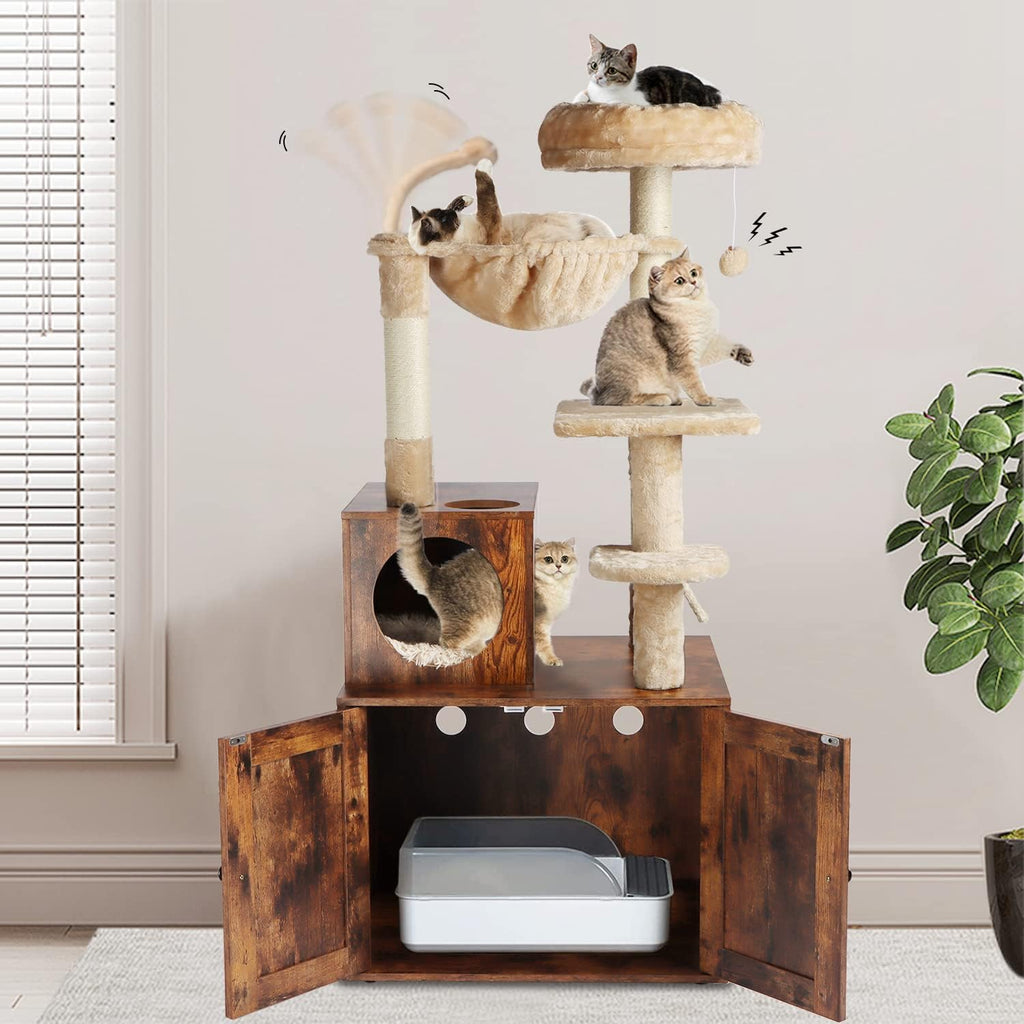 Cat Tree with Litter Box Enclosure, 2-in-1 Cat Tower