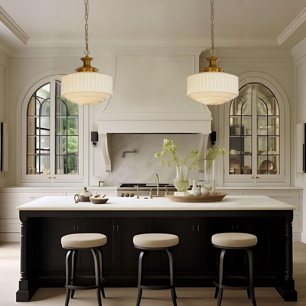 Vintage Brass Milk Glass Pendant Light Fixture, 13.8" White Pleated Glass Chandelier, Antique Pendant Lights, for