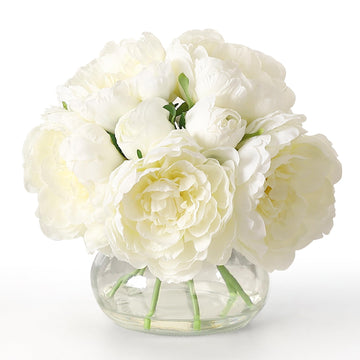 White Peonies Artificial Flowers in Vase, Silk Faux Peony Fake Flower Arrangements with Glass Vase and Faux Water