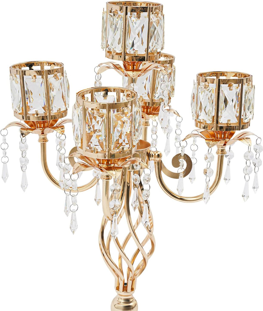 5-Arm Gold Crystal Candle Holder Set of 4, Elegant Table Centerpiece | Electroplated Iron Candelabra for Weddings &