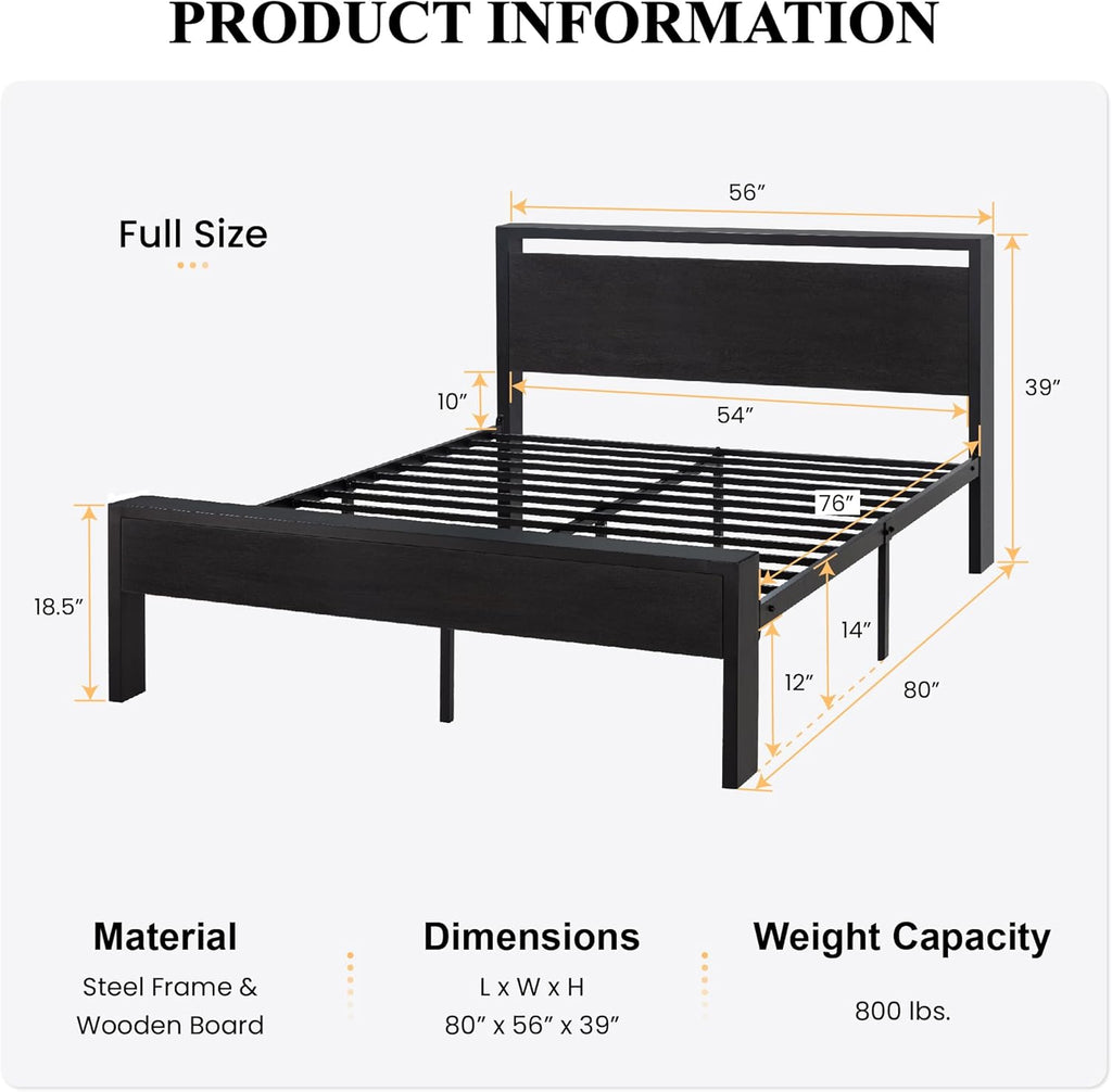 14 Inch Full Metal Platform Bed Frame with Wooden Headboard and Footboard, Mattress Foundation, No Box Spring Needed