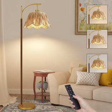 Arc Gold Floor Lamp with Remote, Rattan Boho Floor Lamps with Foot Switch, Rustic Dimmable Standing Lamp with Wicker