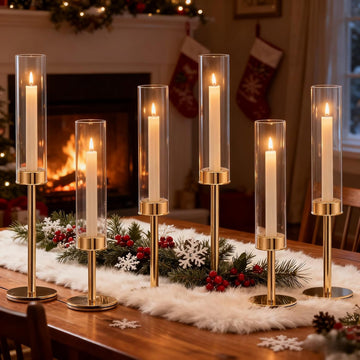 Gold Hurricane Glass Candle Holders Set of 6 Brass Taper Candlestick Holder | Windproof Flameless Candle Holder, Tall