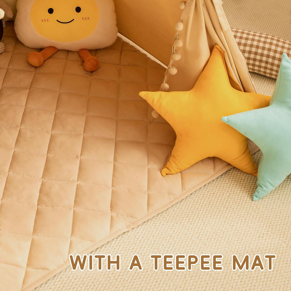 Teepee Tent for Kids with Mat, Cotton Canvas Kids Teepee with Pompom for Toddlers Indoor Play Tent for Girls Boys