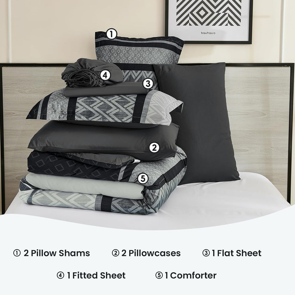 Cottolester Boho Comforter Set King,Black Gray Striped Bed in a Bag,Fall Plaid Comforter and Sheet Set,Soft Microfiber