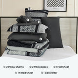 Cottolester Boho Comforter Set King,Black Gray Striped Bed in a Bag,Fall Plaid Comforter and Sheet Set,Soft Microfiber
