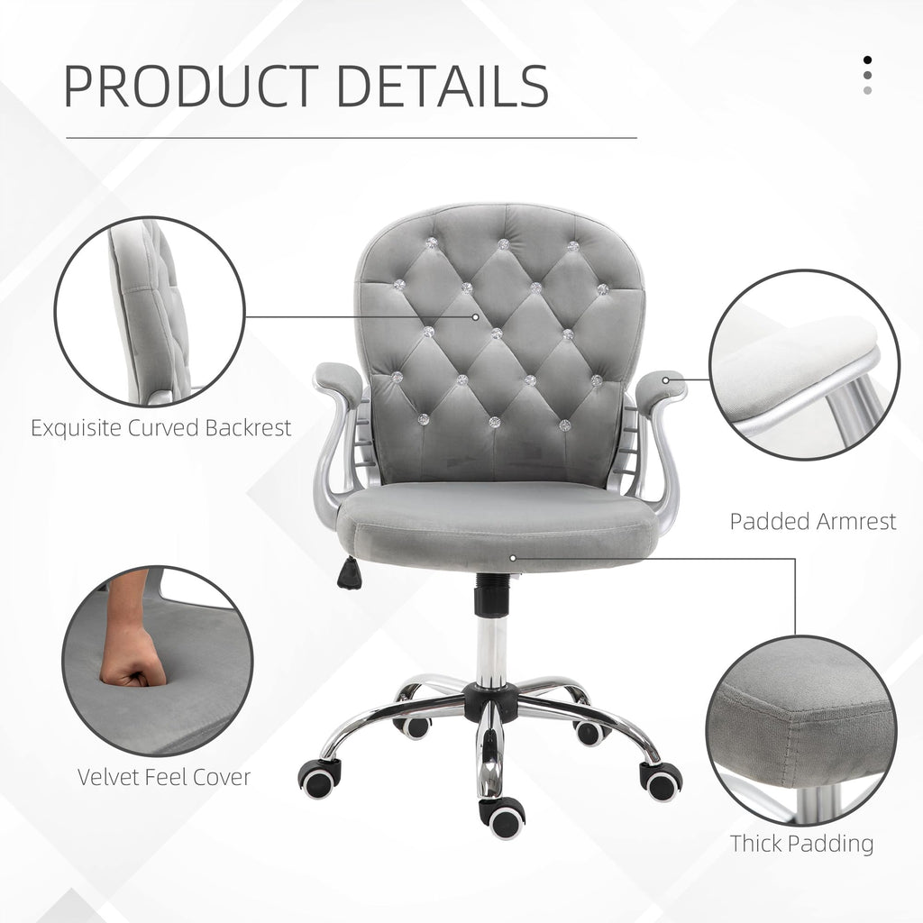 Velvet Home Office Chair Button Tufted Padded Armrests Gray