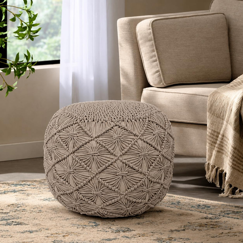 Macrame Pouf Ottoman 20x20x14 Tweed Natural Handwoven Dori Stool