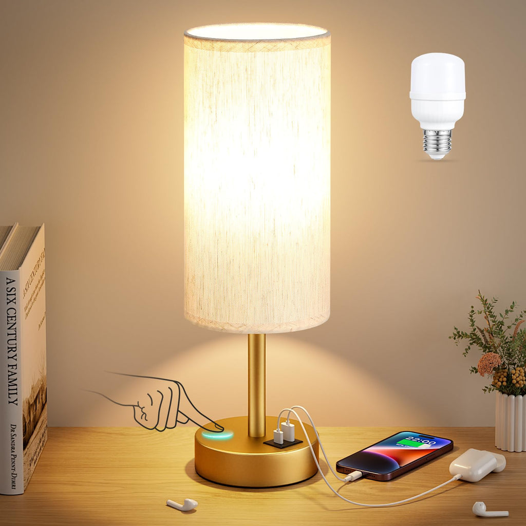 Bedside Table Lamp - 3-Way Dimmable Touch Lamp, USB A+C