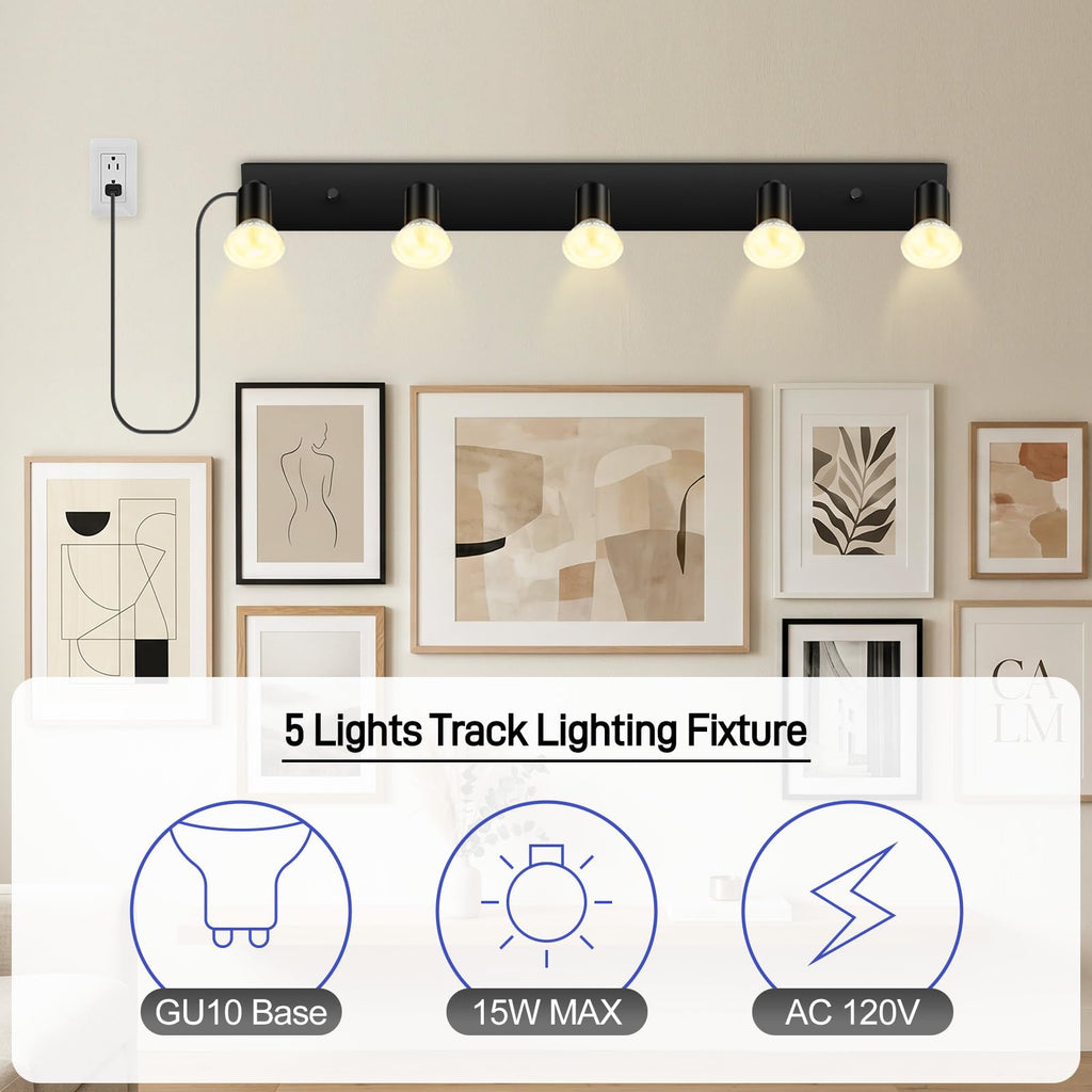 Plug in Track Light, Black, 30", 5 Way GU10 Track Ceiling Lighting