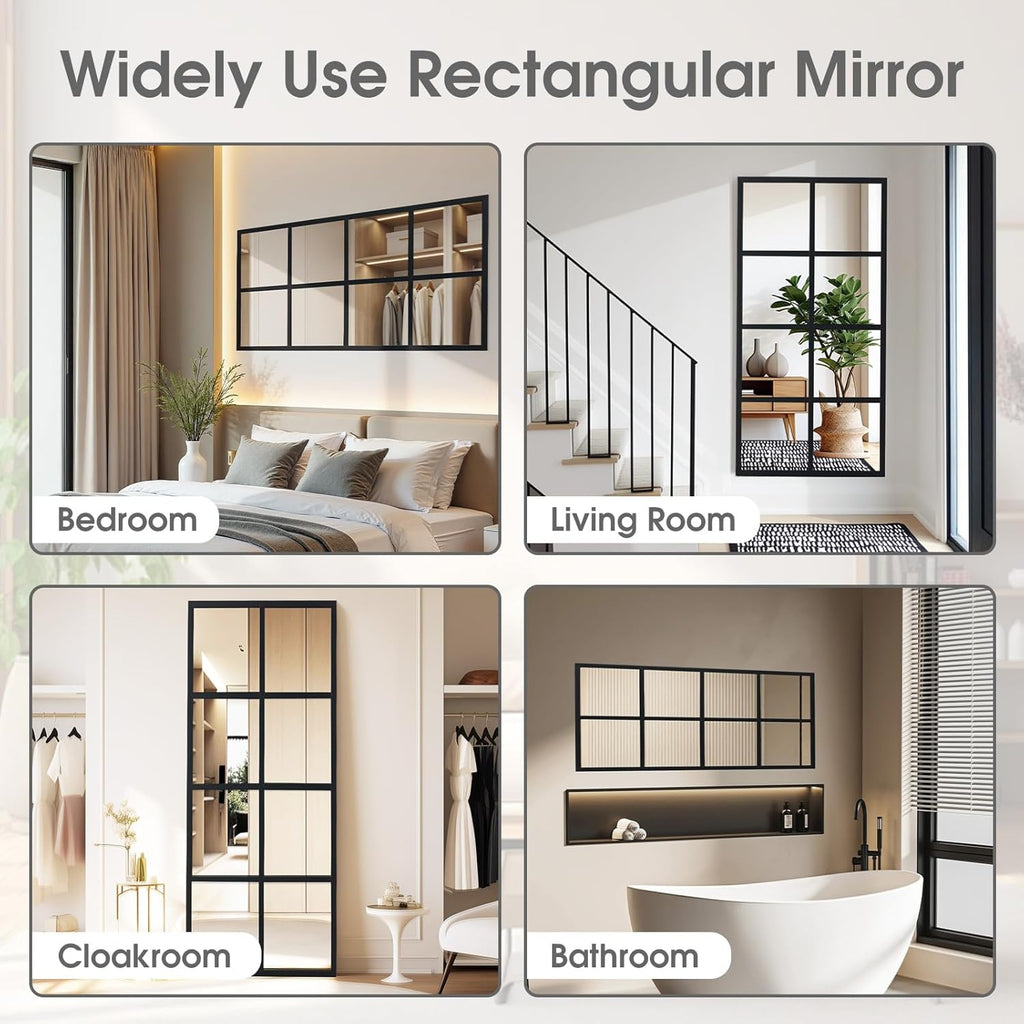 Wall Mirror 16" x 32", Set of 2 Rectangle Window Pane Decorative Mirrors, Metal Framed Wall Mounted Mirror