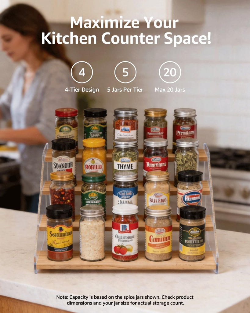 Tiered Spice Rack Organizer for Countertop & Cabinet, 4-Tier 12 Seasoning Storage Shelf, Space Saving Standing Spice