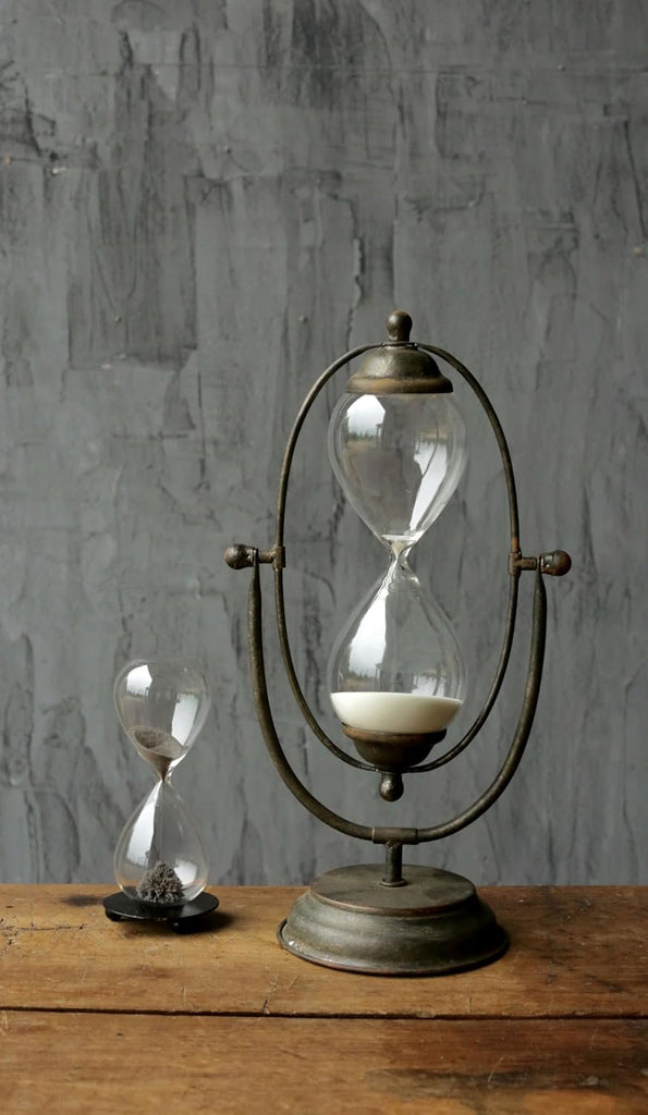 Decorative Rust Color Metal Hourglass with White Sand, Clear Glass and Black