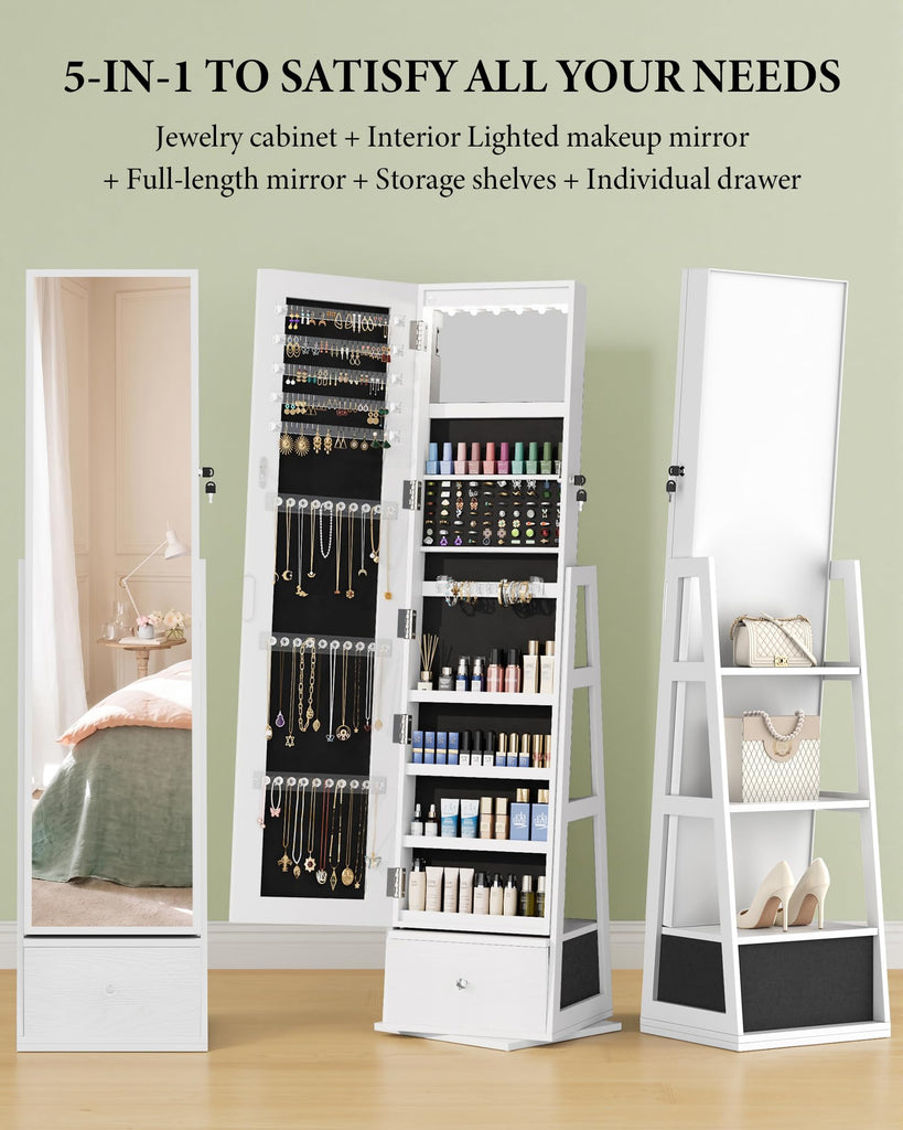 Jewelry Armoire with Bottom Drawer Rotatable Jewelry Cabinet, White