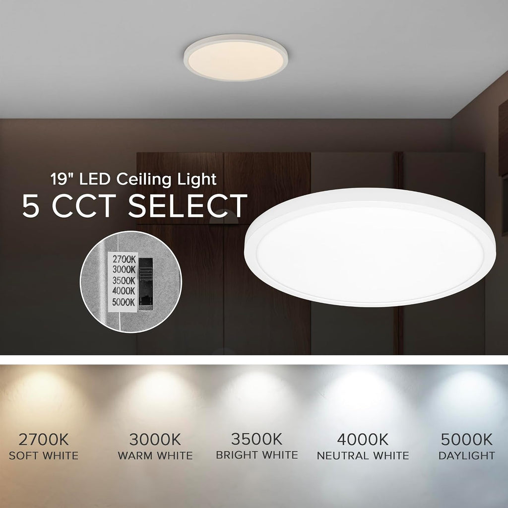 19" White LED Flush Mount Ceiling Light Fixture, 2500 Lumens, 5 CCT | , Round Color Selectable Panel Light, Dimmable