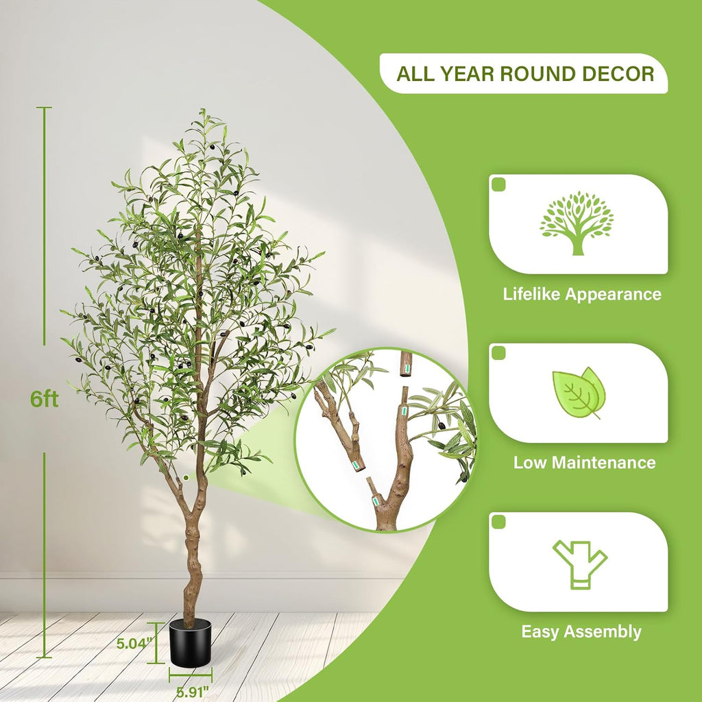 6FT Faux Olive Tree with Natural Textured Trunk & Lifelike Leaves