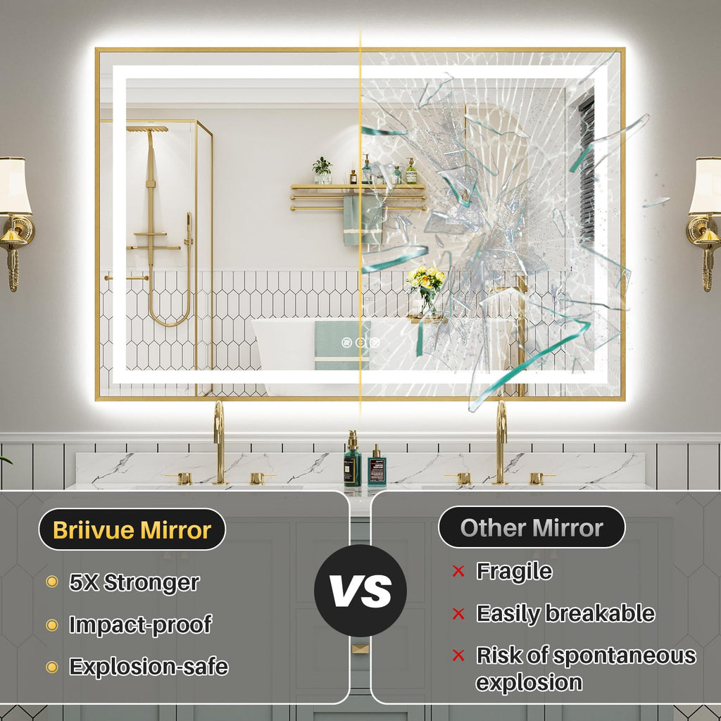 36x30 Inch LED Bathroom Mirror with Gold Frame, Backlit & Front Lit