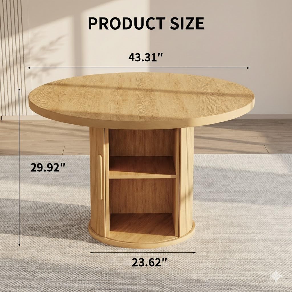 Round Wooden Dining Table with Storage, 43.3" Wood Tabletop, 2-Piece Semi-Circle Design, Pedestal Base Dining Table
