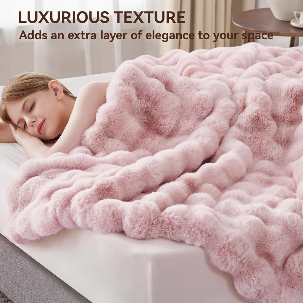 Faux Fur Throw Blanket, Fluffy Soft Bubble Blanket 90''*104''