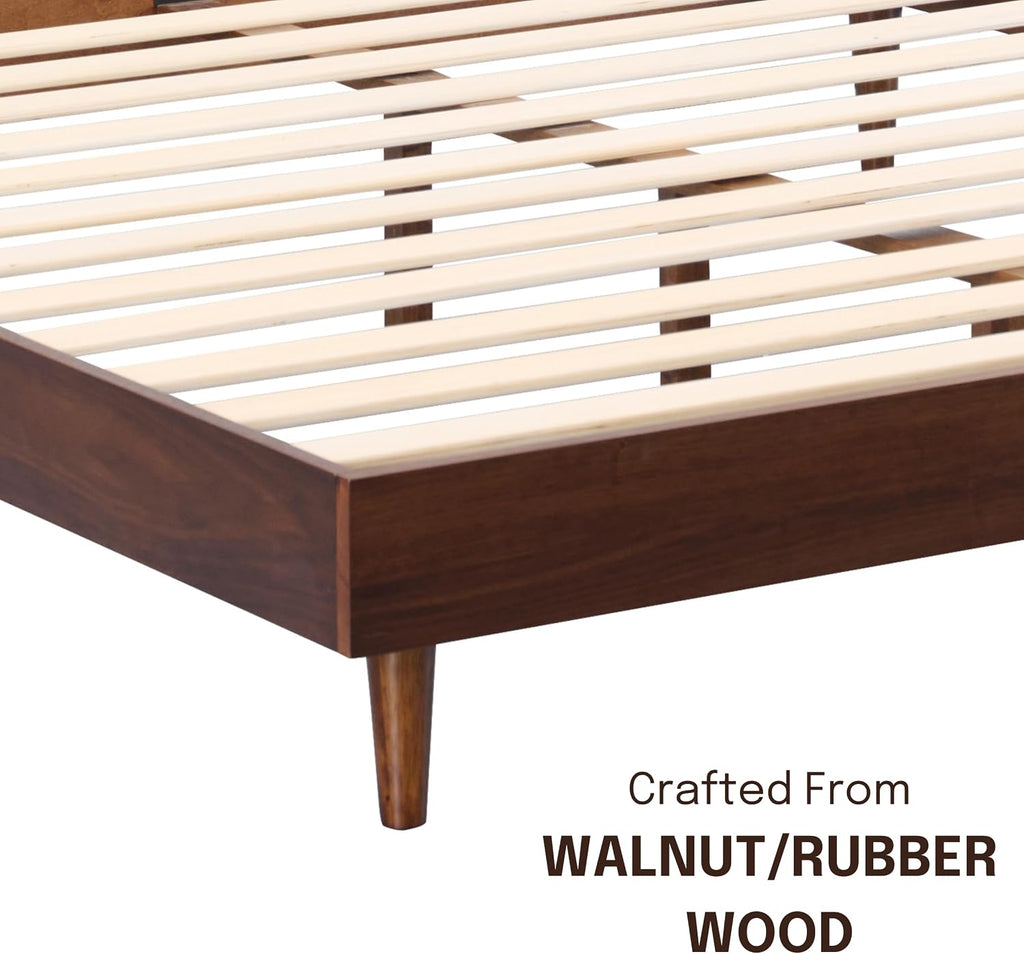 Fly Wooden Bed Frame Without Headboard, Crafted from Walnut, Rubber Wood with Silent Slats and Wood Central Supports