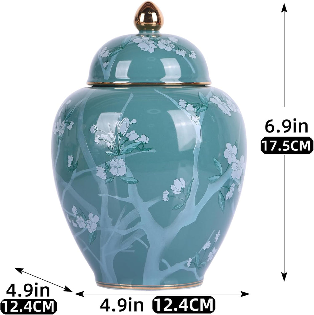 Green Pine Blossom Ceramic Jar-Blue and White Porcelain Ginger Jar, Chinoiserie Decorative Storage Jar