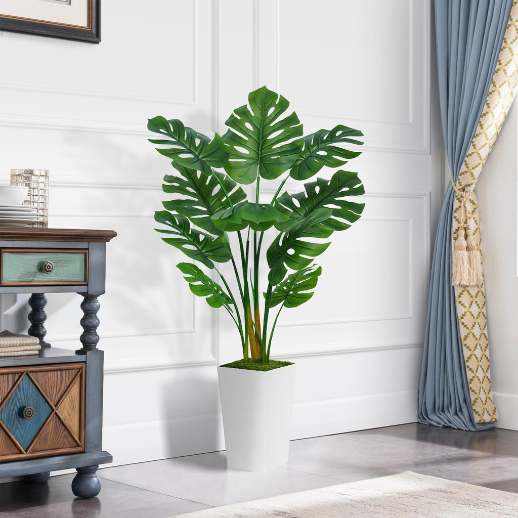 Artificial Monstera Deliciosa Plant 5FT - Faux Tropical Palm Tree with White Tall Planter - Fake Swiss Cheese Floor