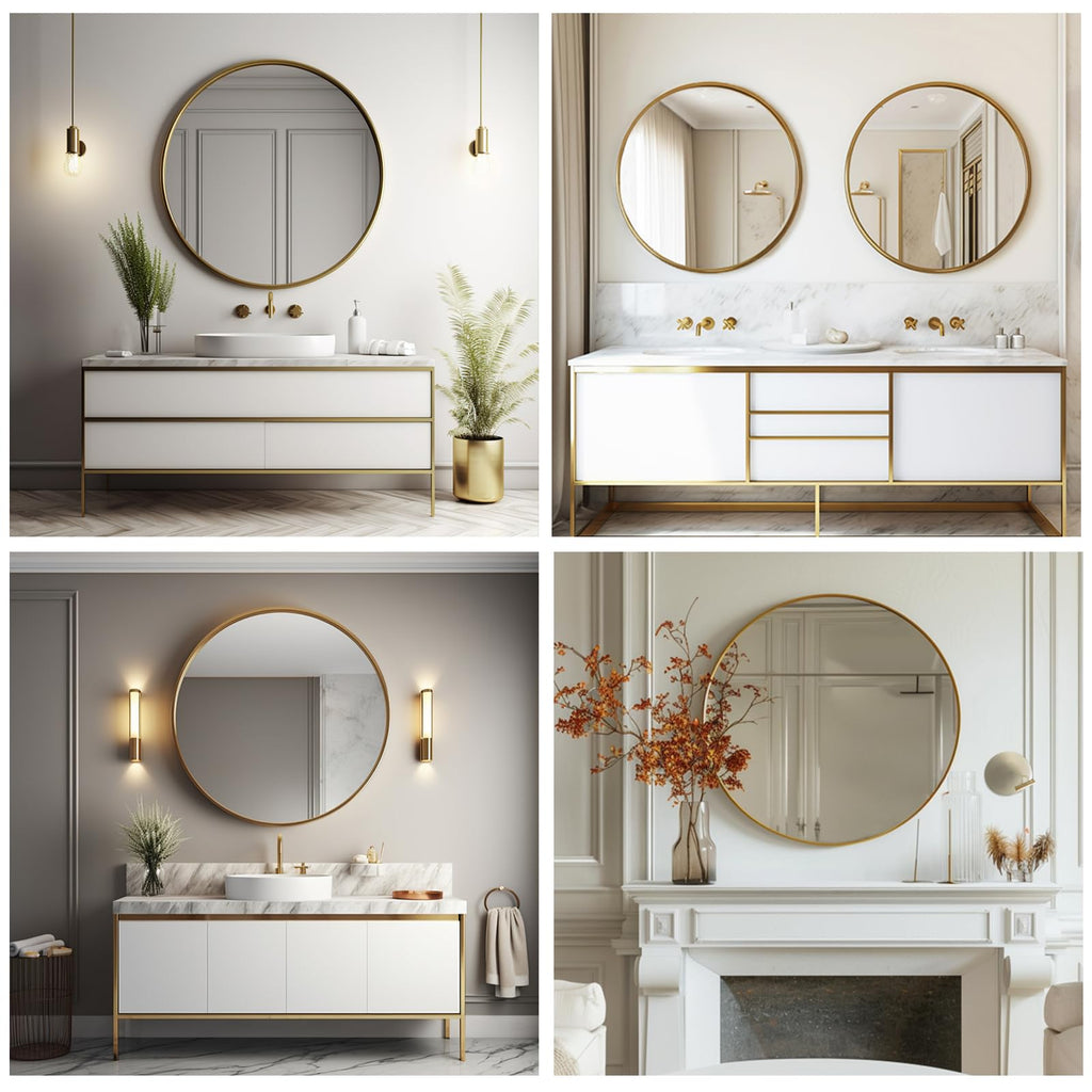 Gold Round Mirror, 24 inch Circle Mirror, Brushed Gold Metal Frame