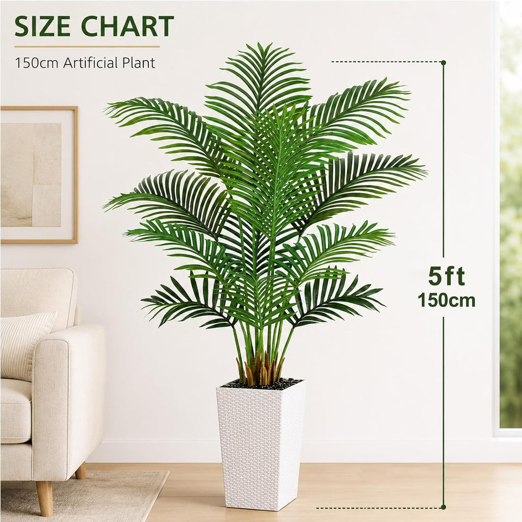 5FT Tall Artificial Palm Trees White Planter,Fake Silk Tropical Tree with 9 Lush Leaves,Realistic Faux Floor Plant
