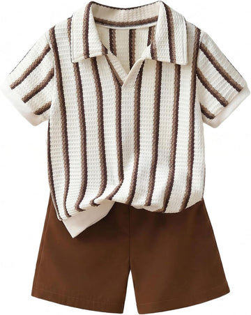 Boy's 2 Piece Outfit Summer Striped Short Sleeve Shirt & Shorts