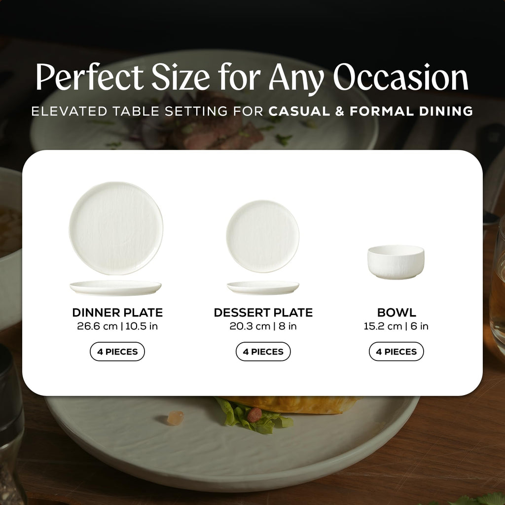 Durable Stoneware Dinnerware Set with Reactive Glaze Finish, 12-Piece, Kai White