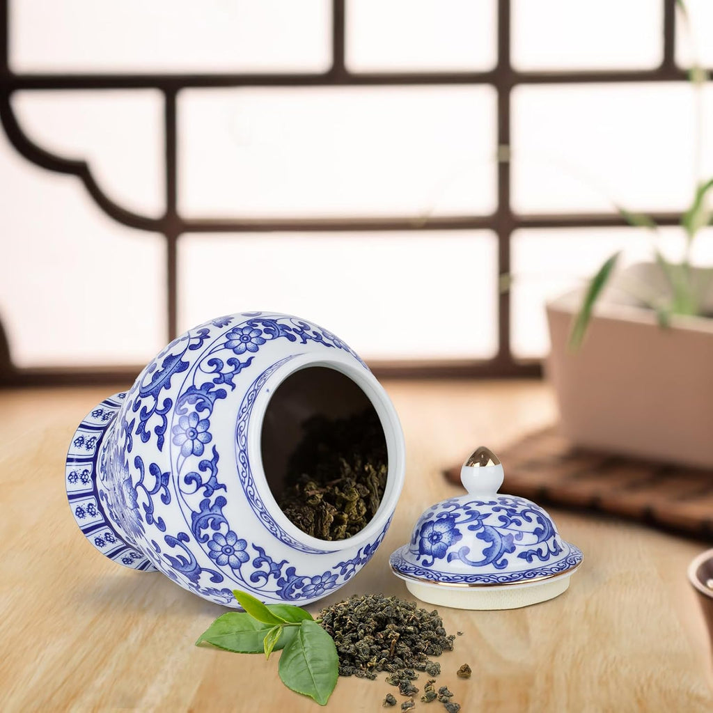 Chinoiserie Ginger Jar,7.6 Inch Ceramic Blue and White Ginger Jar w/Lid,Porcelain Ginger Jars Vase,Coffee