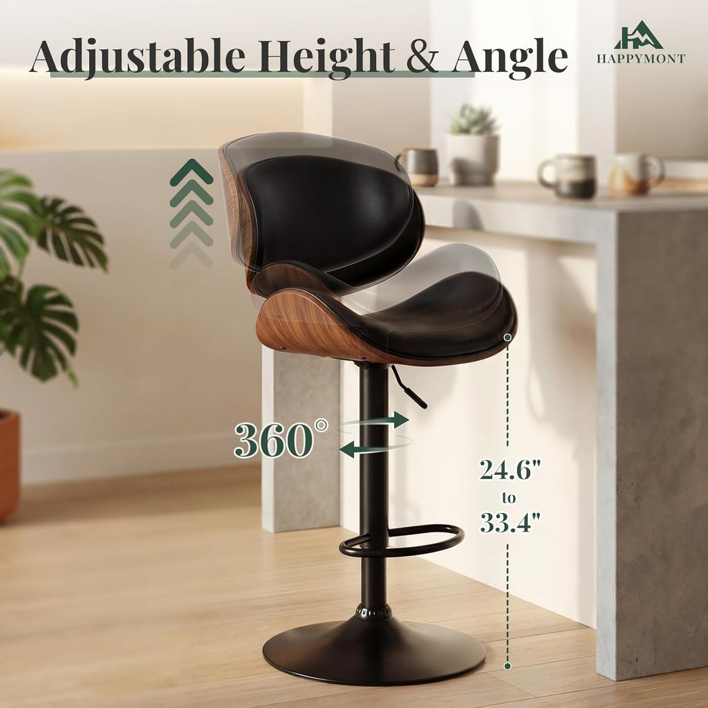 Swivel Bar Stools Set of 4 with Removable Back, Adjustable Height 37-45 Inch Bentwood Barstools, PU Leather
