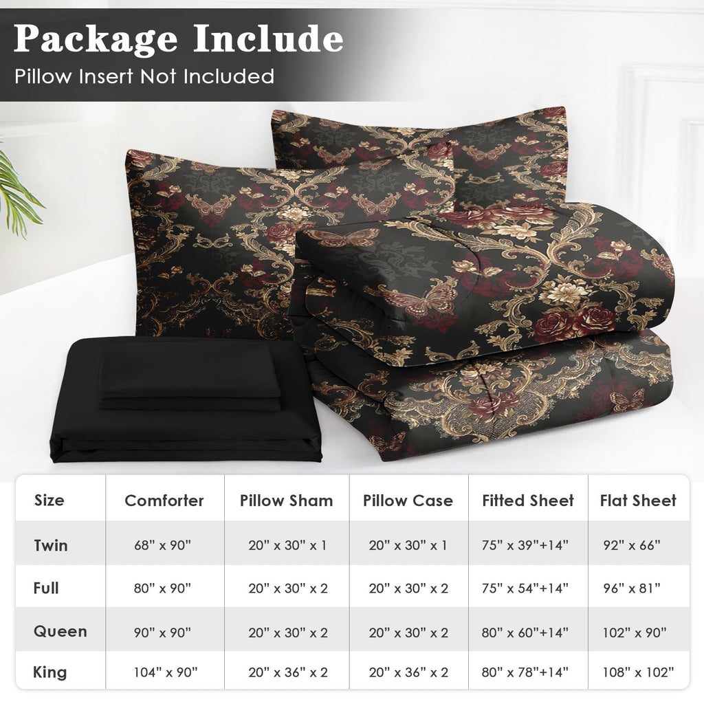 King Comforter Set with Sheets, 7 Pieces Victorian Butterfly Bedding