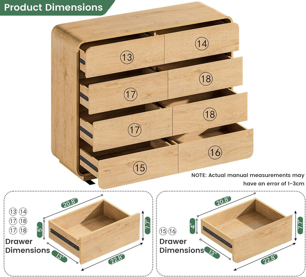 Natural with 8 Drawers, FarmhouseDresser, Rustic Drawers, Storage Closet, Chest of Drawers Handleless Design, Living