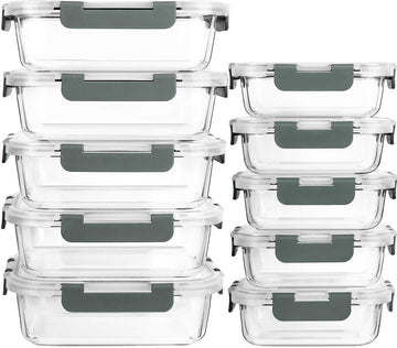 10 Pack Glass Food Storage Containers with Lids, Gray