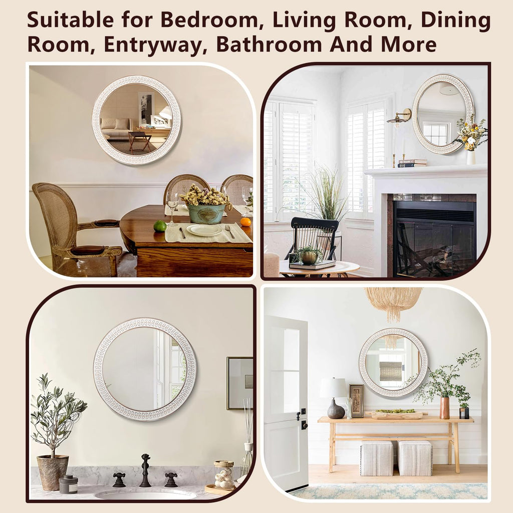 26 inch Round Mirrors for Wall Wood Circle Mirror with Carved Frame Rustic Accent Distressed Decorative Bedroom