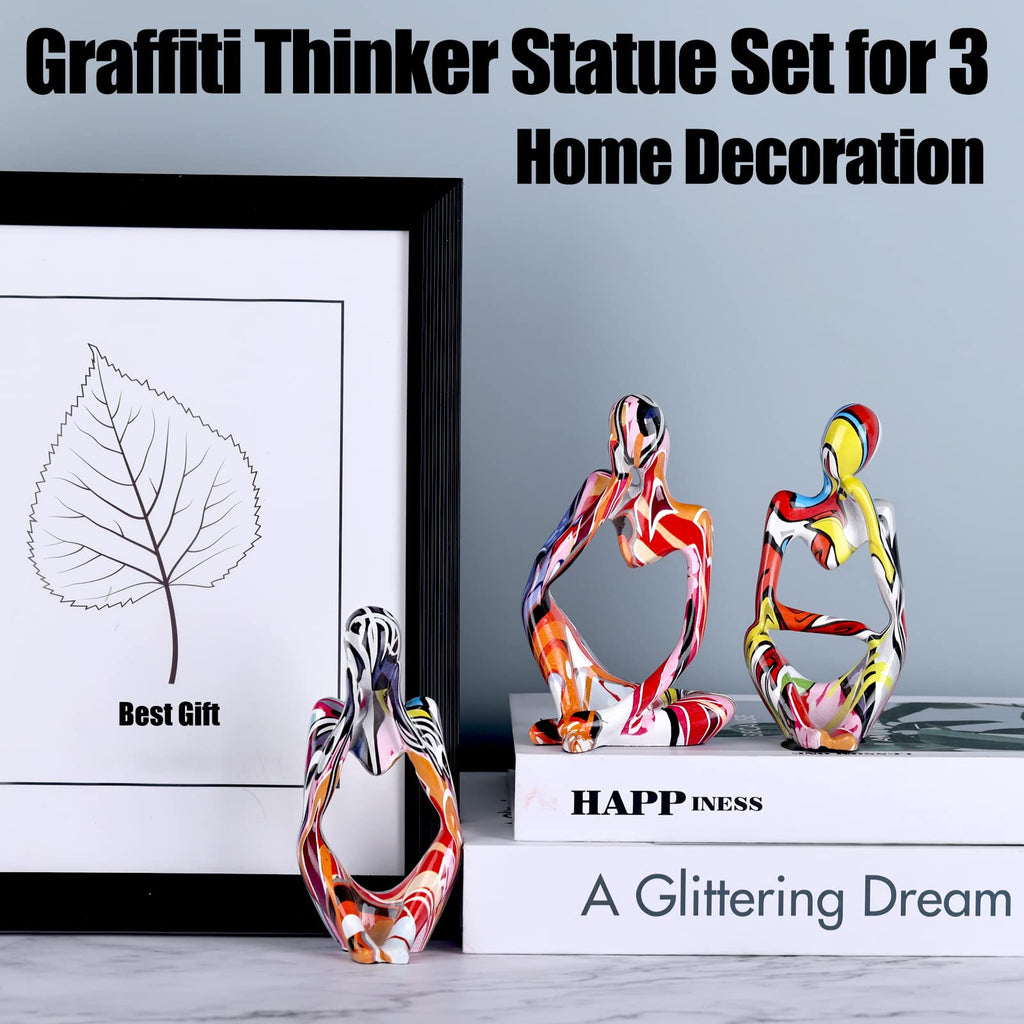 Graffiti Thinker Statue Decor for TV Stand, Shelf, Desk, or Coffee Table - Set of 3 Resin Figurines Decorative