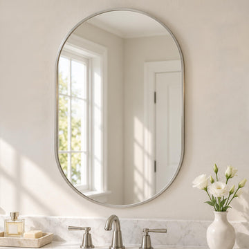 20x30 Inch Pill Shaped Bathroom Mirror for Vanity, Brushed Nickel