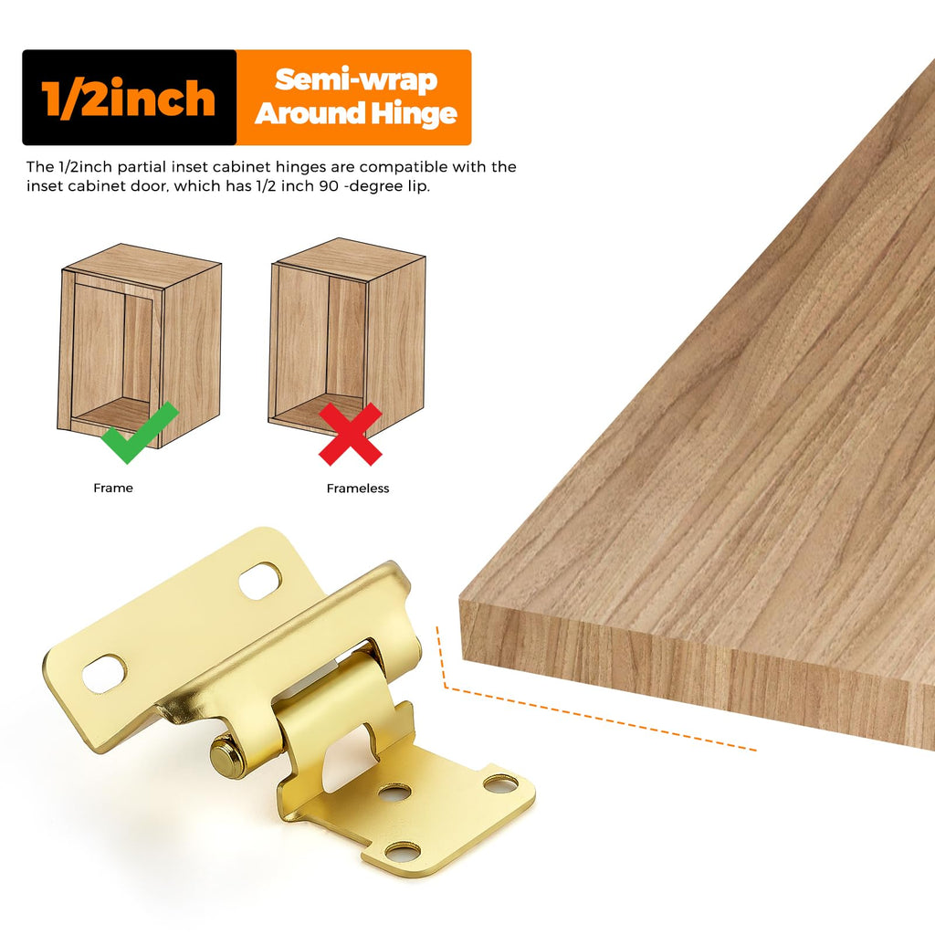 Gold Semi-Overlay 1/2 inch Self-Closing Hinges, 60 Pack