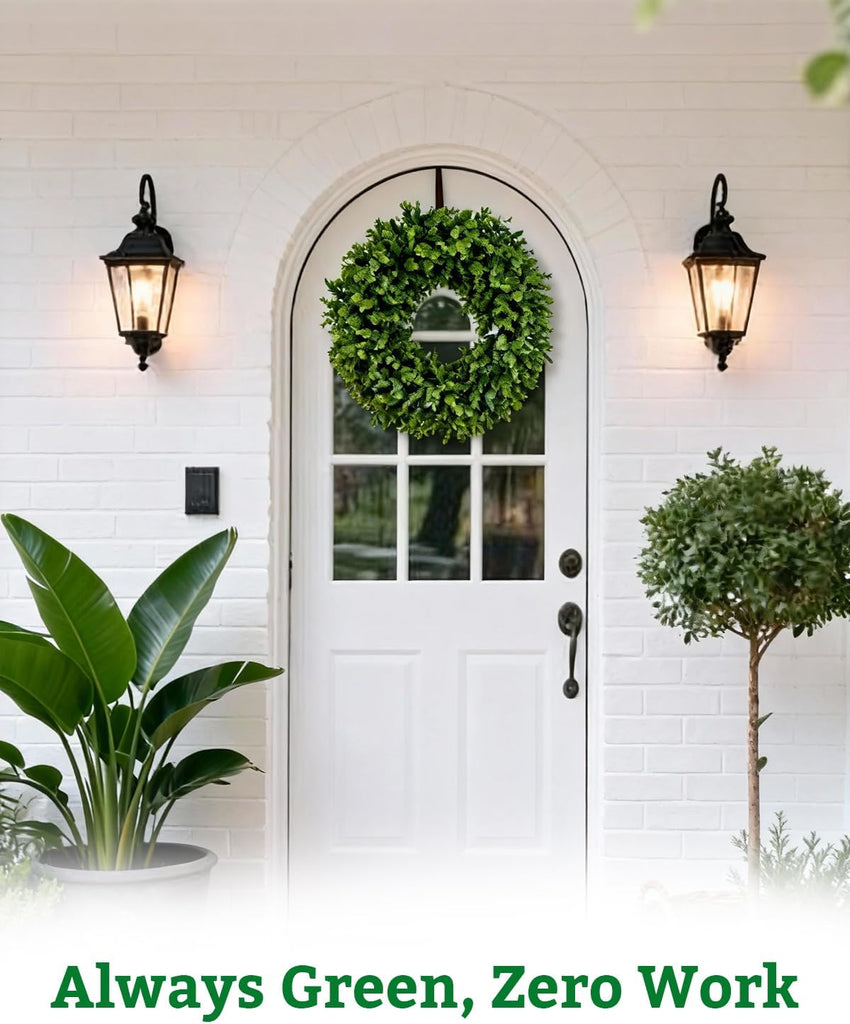 24" Artificial Boxwood Wreaths for Front Door, Aux Round Boxwood Wreath, All Season Indoor Outdoor Decoration - Set of 2