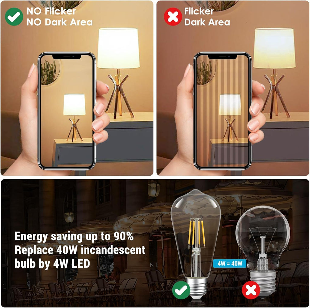 Dimmable ST64 LED Edison Bulbs, 4W 3000K Soft, E26, 6 Pack