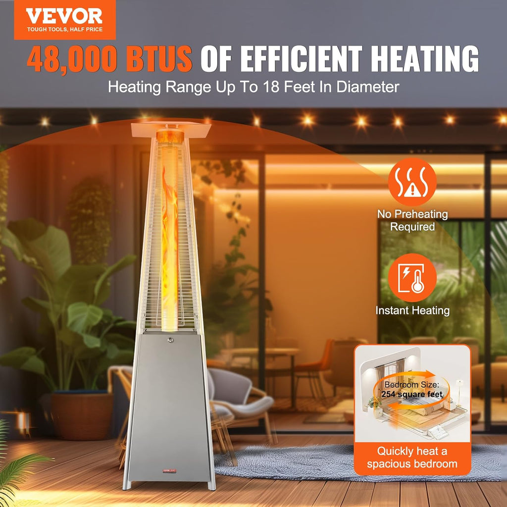Patio Heater for Outdoor Use, 48000BTU Pyramid Propane Heater w/Wheels, Quartz Glass Tube Outdoor Patio Flame Heater