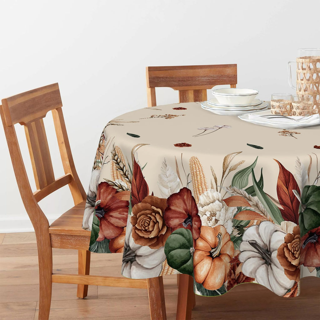 Fall Tablecloth 60 x 60 Inch Round Flower Autumn Harvest Pumpkin