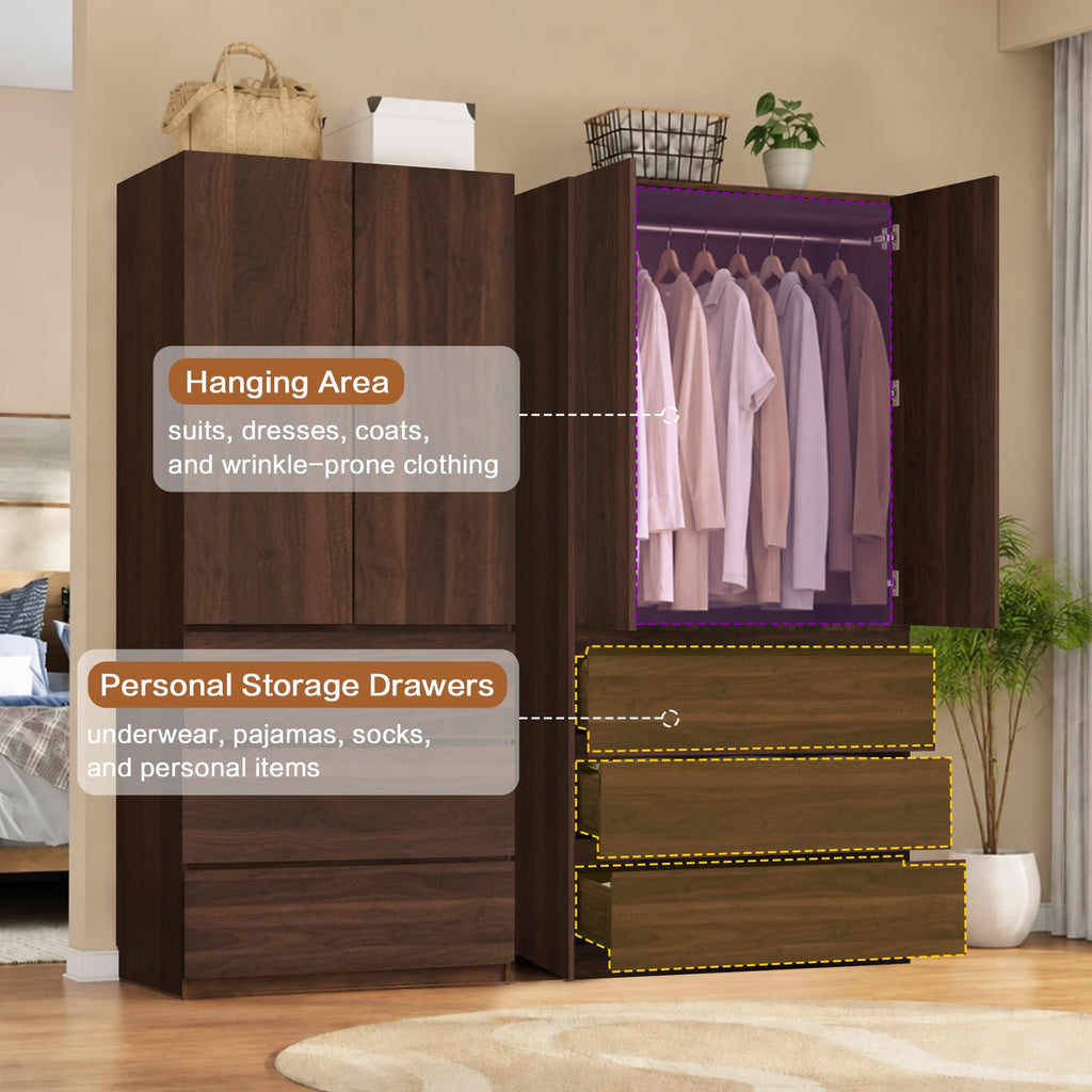 2 Piece Walnut Full Wall Wardrobe Closet with 6 Drawer & Hanging Rod