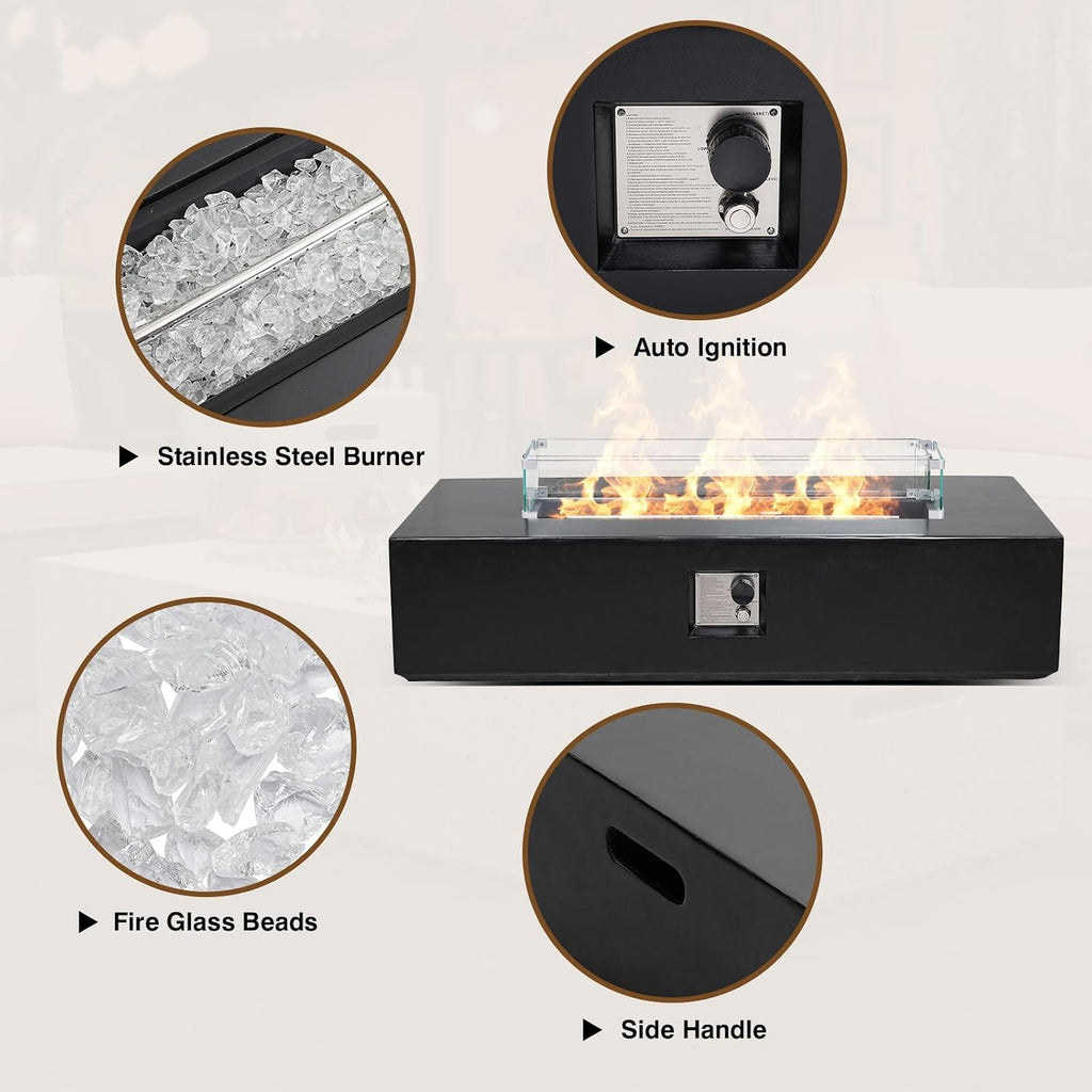 2-Piece Outdoor Propane Fire Pit Table Set - Premium Marble-Like MgO Finish, 56-Inch Gas Fire Table with Glass Wind