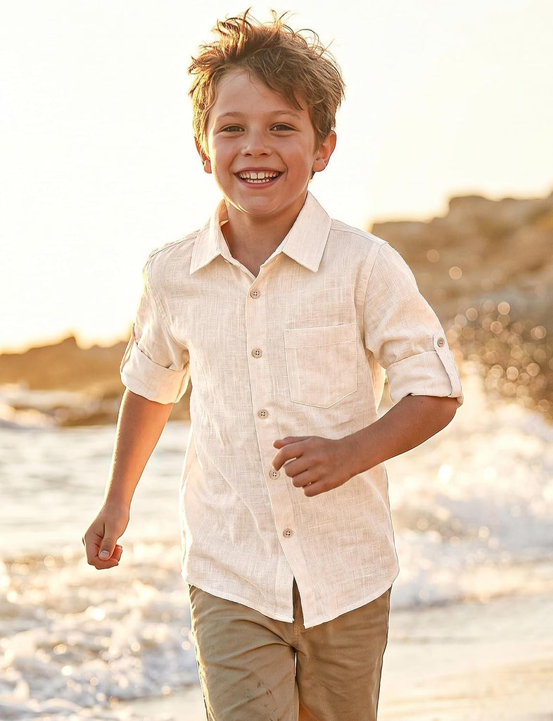 Boys Button Down Shirt Roll-Tab Long Sleeve Dress Shirts