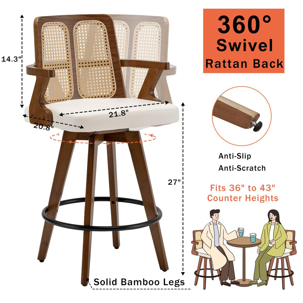 Mid Century Counter Stools, Rattan Swivel Counterstools with Walnut Finish