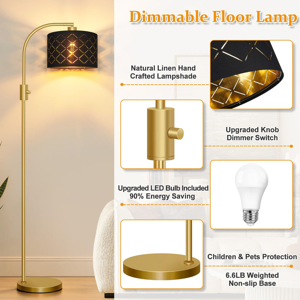 Dimmable Floor Lamp, 1200 Lumens LED Edison Bulb Included, Arc Gold Floor Lamps Modern Standing Lamp with Black Grid