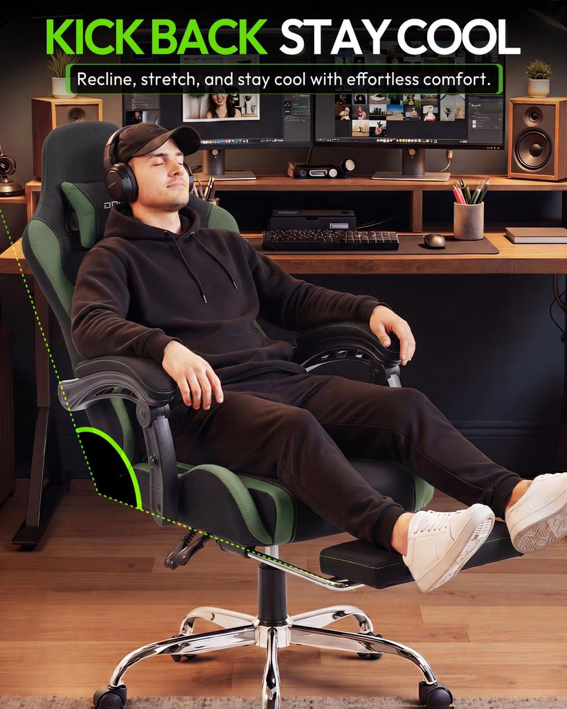 Ergonomic Gaming Chair with Footrest & Massage Lumbar, 2D-Linkage Armrests for Computer Chair 330lbs with Headrest
